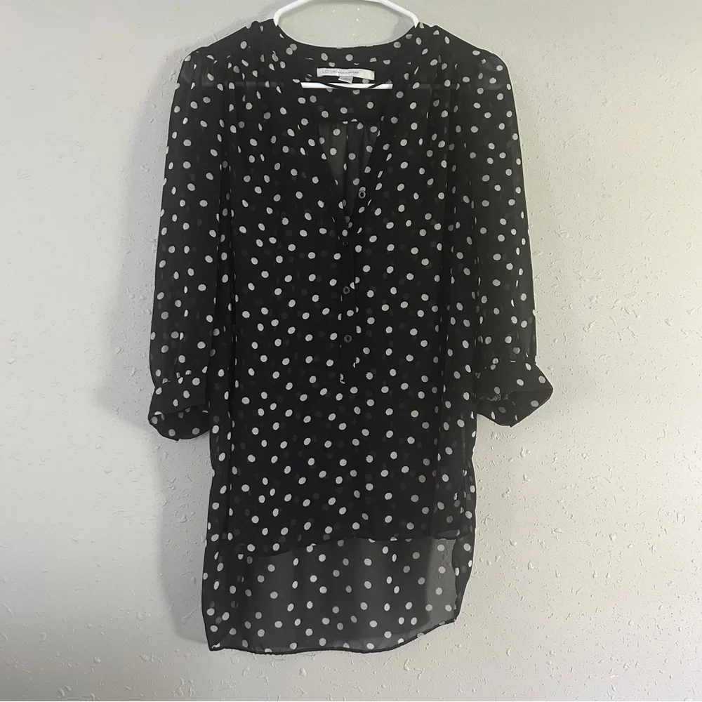 🦋LC Lauren Conrad Black Cream Polka Dot Semi Sheer Blouse Office Casual Neutral